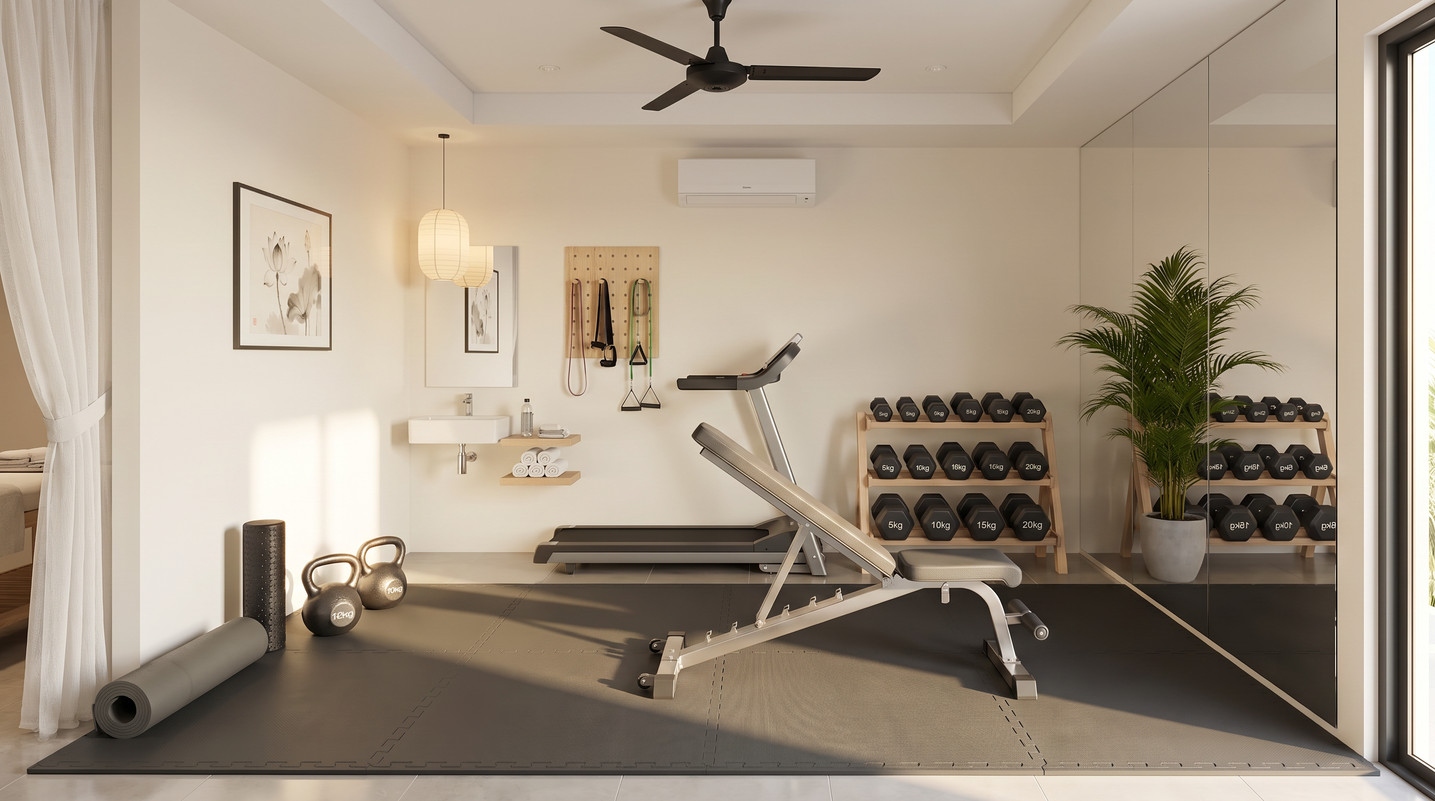 Mini Residence Gym interior — treadmill, adjustable bench, dumbbell rack, kettlebells, mirror wall