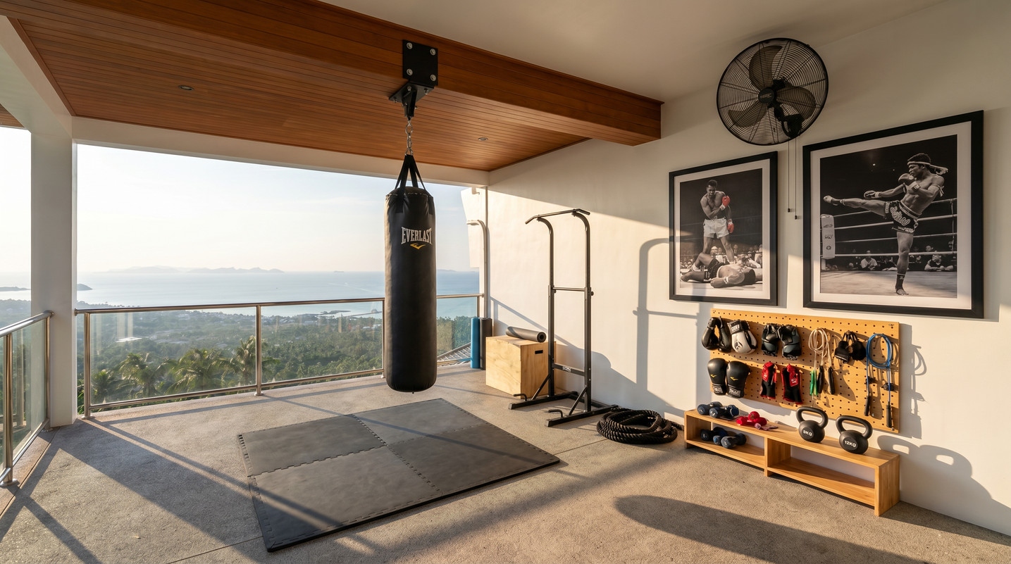 Mini Residence Gym — open-air terrace with heavy bag, kettlebells and Gulf of Thailand view