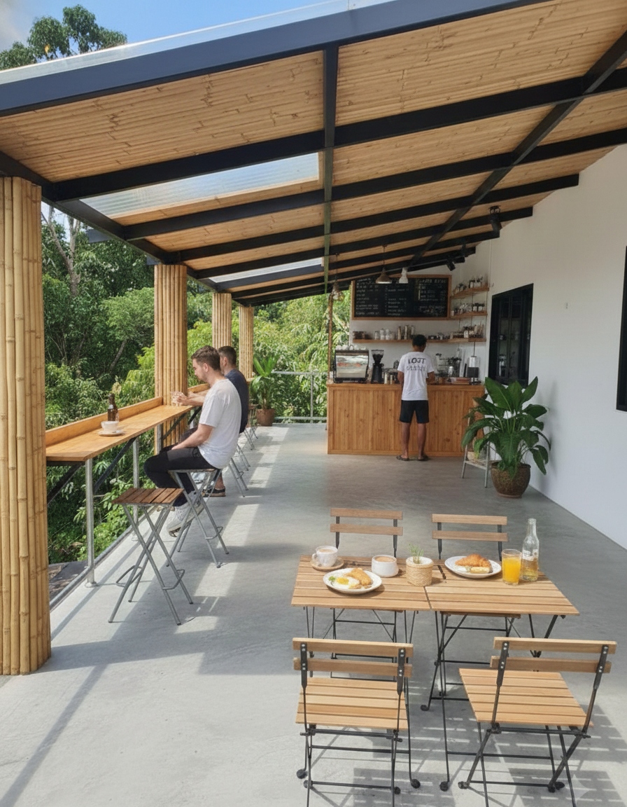 LOST Hillside Kitchen & Bar — bamboo pergola with jungle views