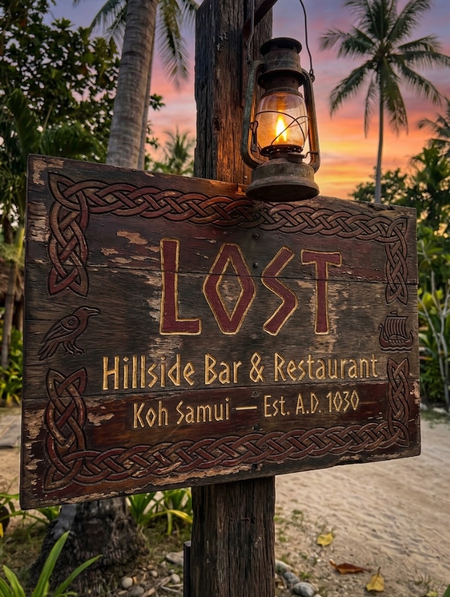 Hand-carved LOST wooden sign with lantern at sunset — celtic knot border, raven and longship carvings