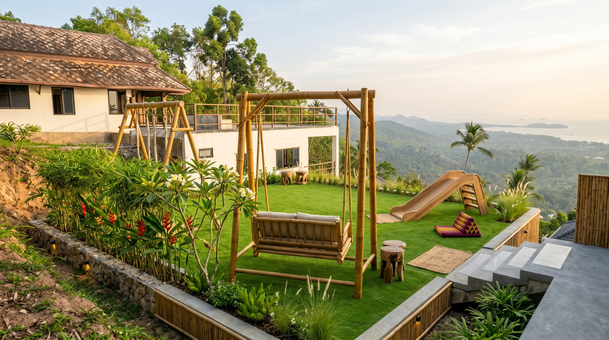 Bamboo hillside playground with swing bench, slide and Thai triangle cushions overlooking the sea