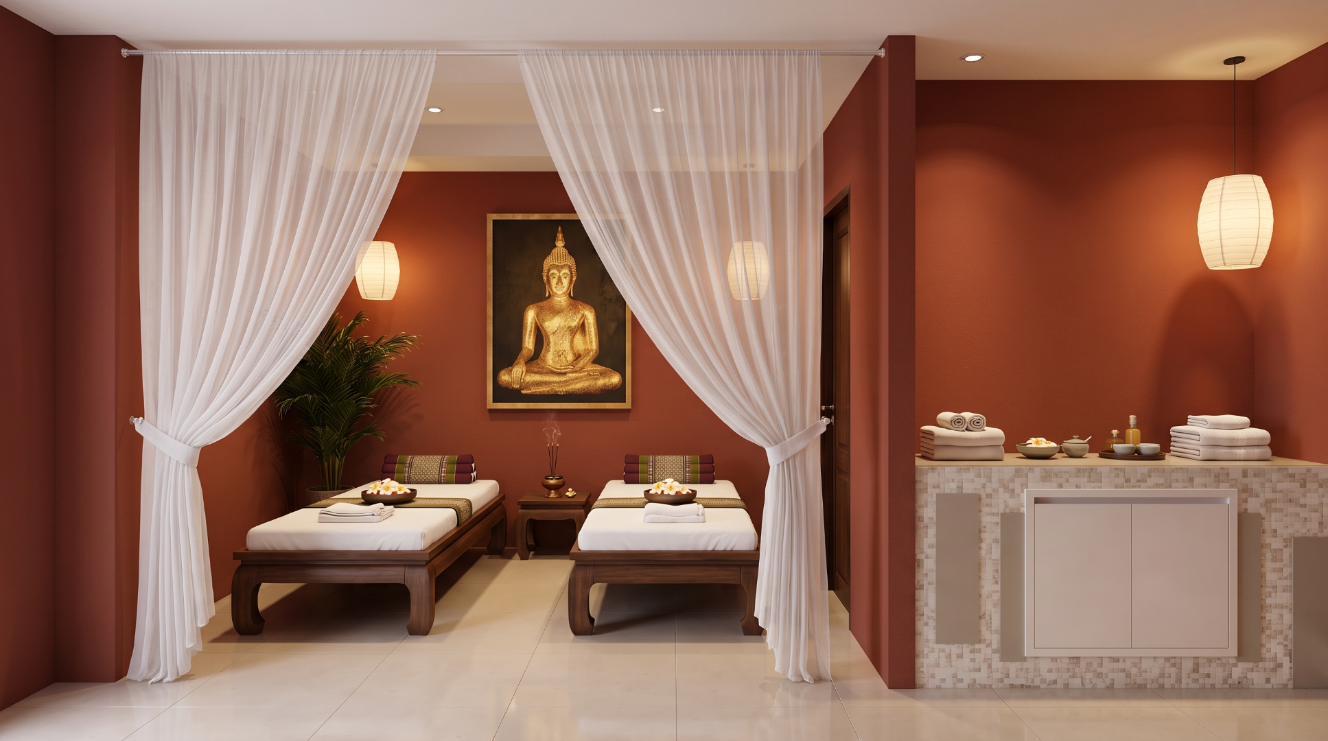 Twin Thai massage tables with silk curtains and terracotta walls